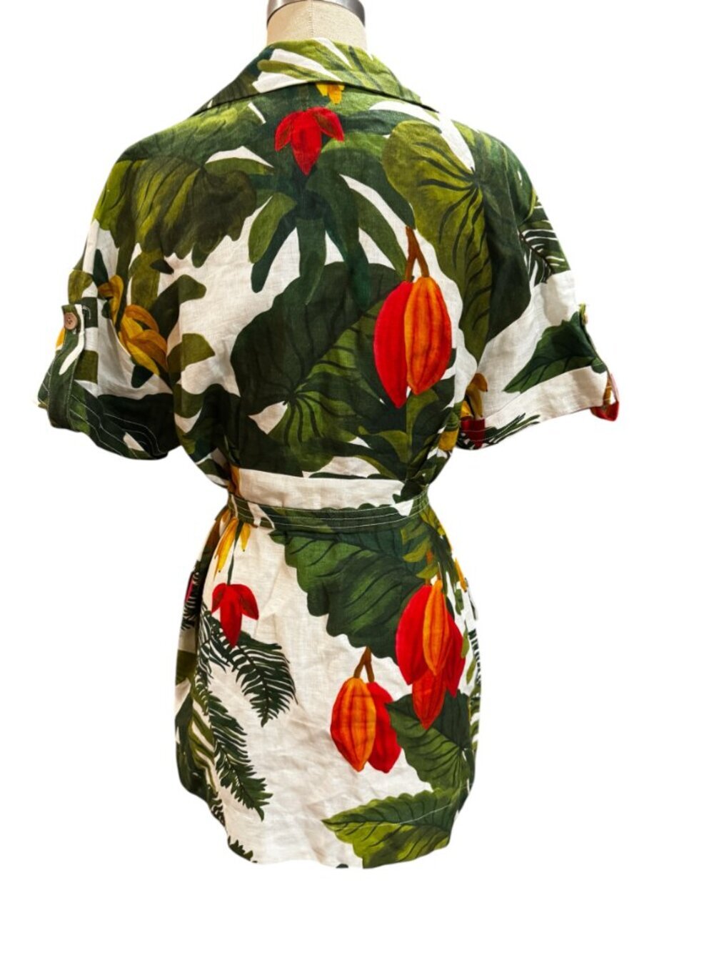 Farm Rio Cocoa Forest Linen Utility Mini Dress Tropical Print Size Small - Picture 7 of 10